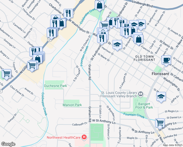 map of restaurants, bars, coffee shops, grocery stores, and more near 250 Graham Road in Florissant