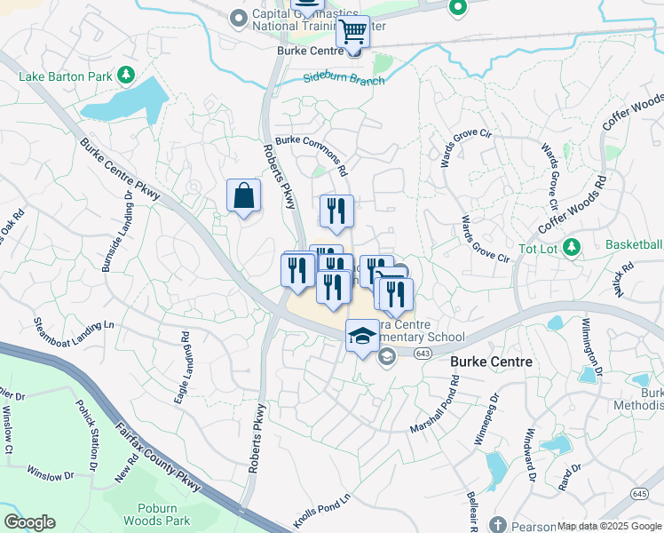 map of restaurants, bars, coffee shops, grocery stores, and more near 6000 Burke Commons Road in Burke