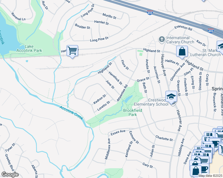 map of restaurants, bars, coffee shops, grocery stores, and more near 7511 June Street in Springfield