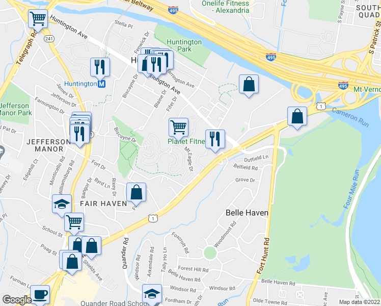 map of restaurants, bars, coffee shops, grocery stores, and more near 5901 Mount Eagle Drive in Alexandria
