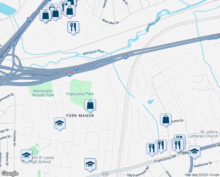 map of restaurants, bars, coffee shops, grocery stores, and more near 6350 Highgrove Park Court in Springfield