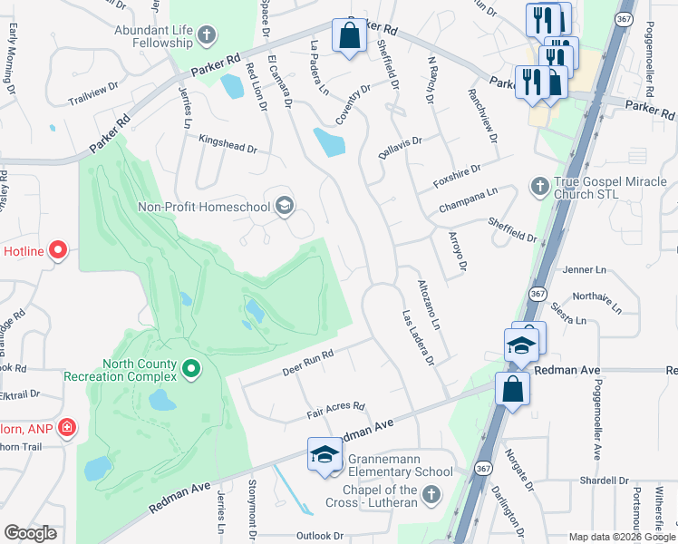 map of restaurants, bars, coffee shops, grocery stores, and more near 11763 El Somo Court in Florissant