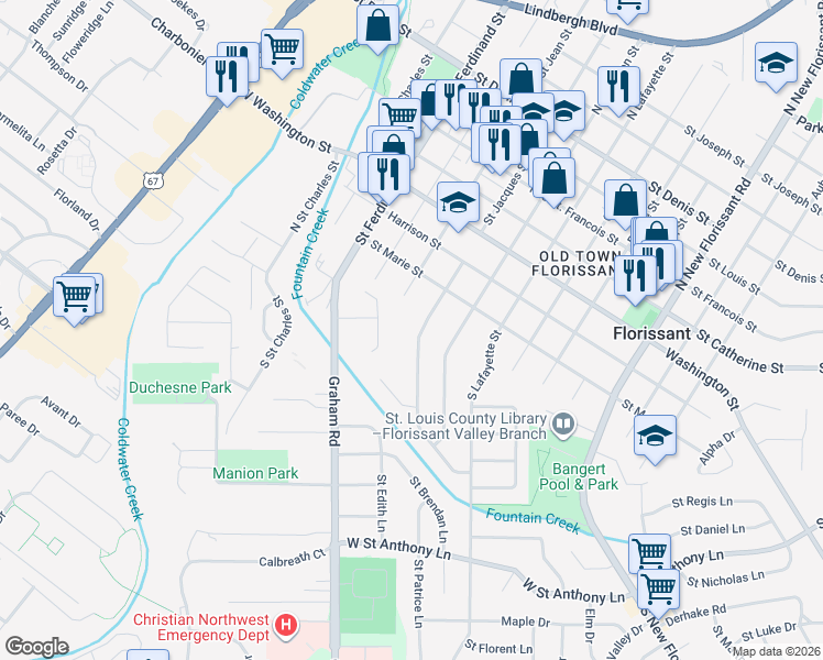 map of restaurants, bars, coffee shops, grocery stores, and more near 105 North Saint Jacques Street in Florissant