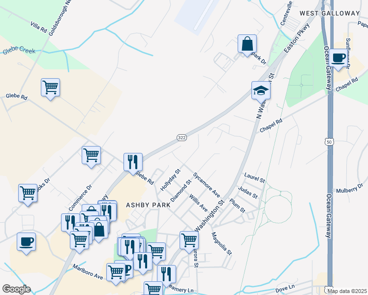 map of restaurants, bars, coffee shops, grocery stores, and more near 604 Hazelwood Drive in Easton