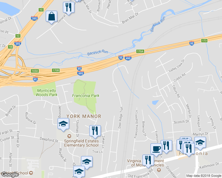 map of restaurants, bars, coffee shops, grocery stores, and more near 6352 Highgrove Park Court in Springfield