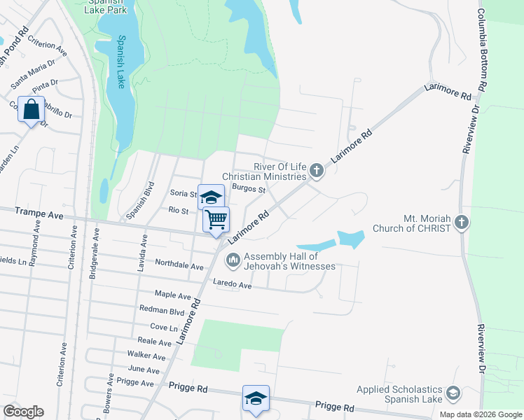 map of restaurants, bars, coffee shops, grocery stores, and more near 12025 Larimore Road in St. Louis