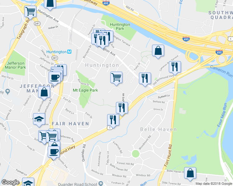 map of restaurants, bars, coffee shops, grocery stores, and more near 5903 Mount Eagle Drive in Alexandria
