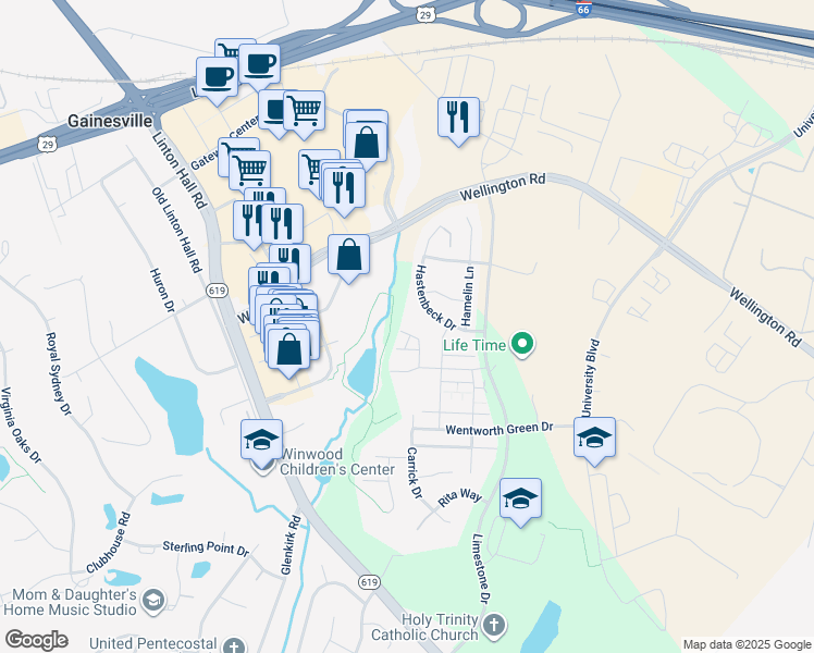 map of restaurants, bars, coffee shops, grocery stores, and more near 7729 Milton Circle in Gainesville