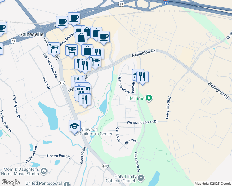 map of restaurants, bars, coffee shops, grocery stores, and more near 7729 Milton Circle in Gainesville