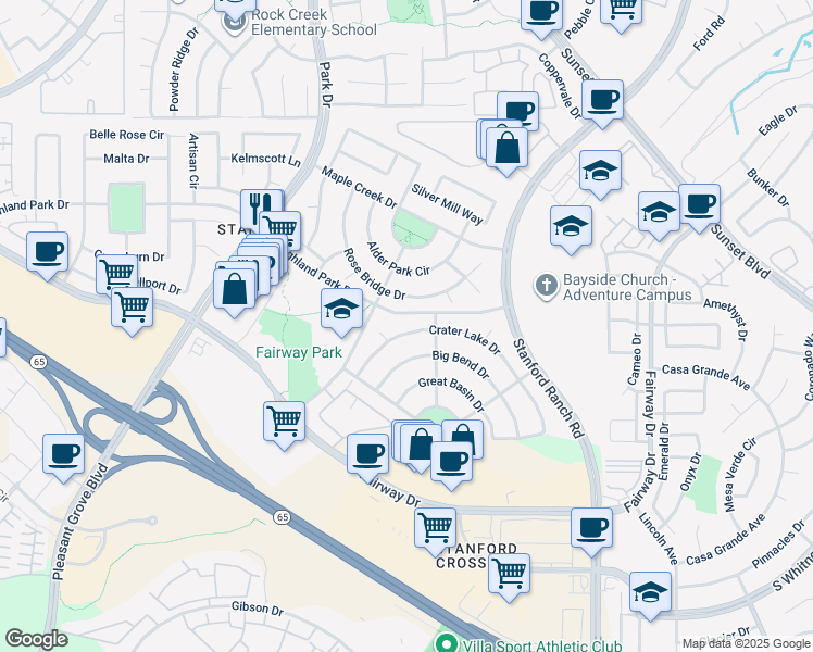 map of restaurants, bars, coffee shops, grocery stores, and more near 6240 Crater Lake Drive in Roseville