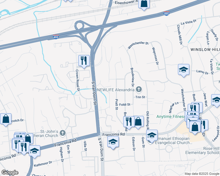 map of restaurants, bars, coffee shops, grocery stores, and more near 5807 Iron Willow Court in Alexandria