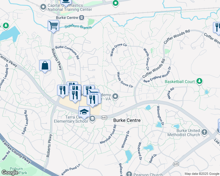 map of restaurants, bars, coffee shops, grocery stores, and more near 10135 Wood Green Way in Burke