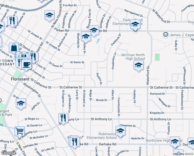 map of restaurants, bars, coffee shops, grocery stores, and more near 665 Pimlico Drive in Florissant