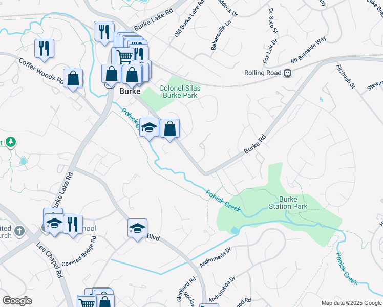 map of restaurants, bars, coffee shops, grocery stores, and more near 9324 Burke Road in Burke