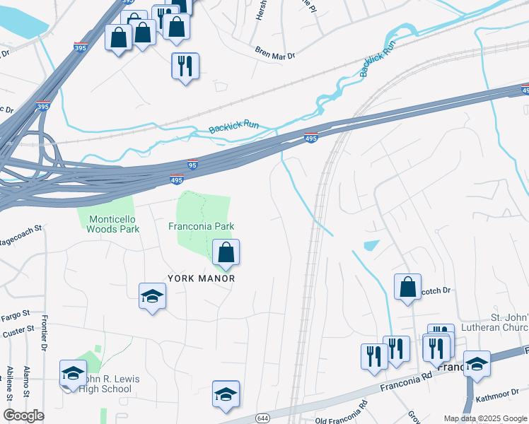map of restaurants, bars, coffee shops, grocery stores, and more near 6352 Highgrove Park Court in Springfield
