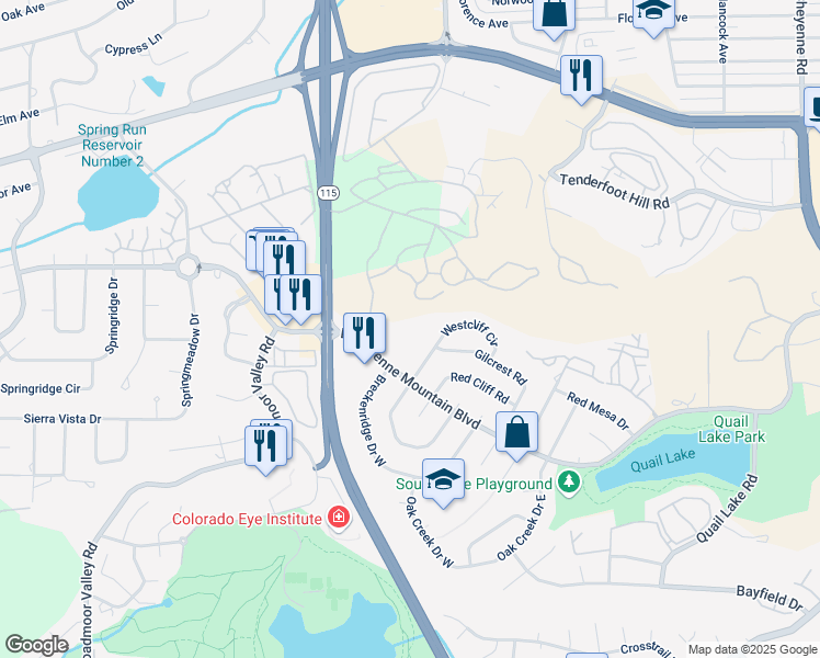 map of restaurants, bars, coffee shops, grocery stores, and more near 440 East Cheyenne Mountain Boulevard in Colorado Springs