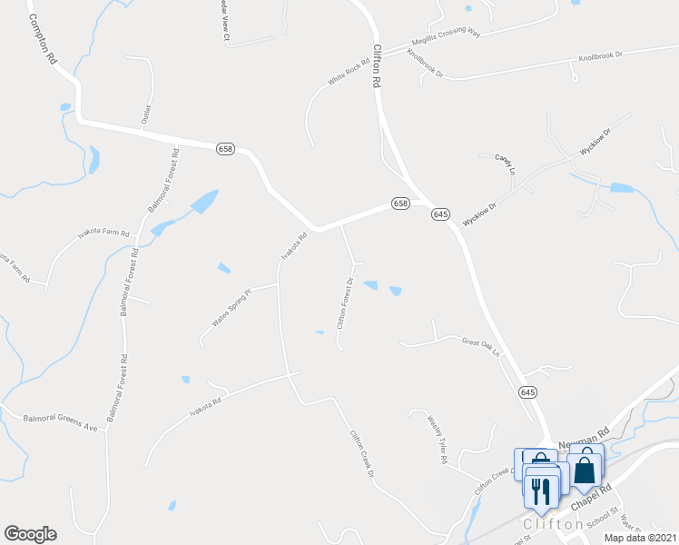 map of restaurants, bars, coffee shops, grocery stores, and more near 7000 Clifton Forest Drive in Clifton