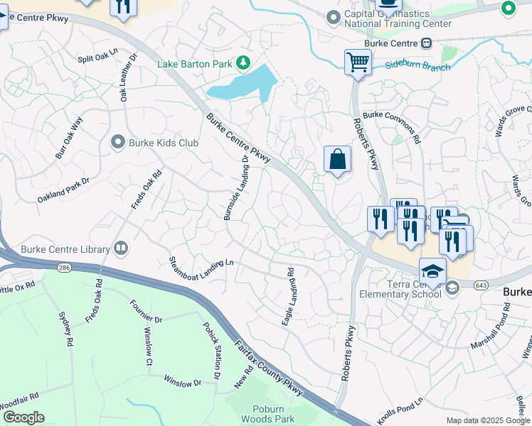 map of restaurants, bars, coffee shops, grocery stores, and more near 10578 Reed's Landing Circle in Burke