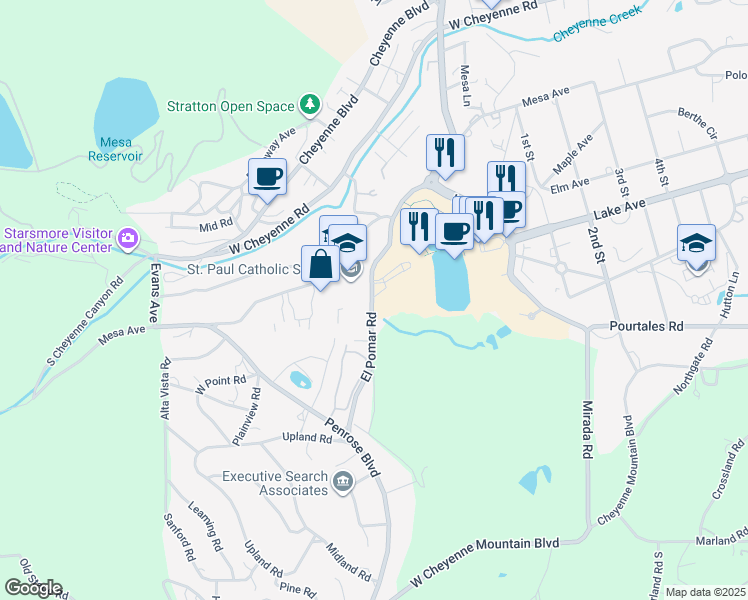map of restaurants, bars, coffee shops, grocery stores, and more near 753 El Pomar Road in Colorado Springs