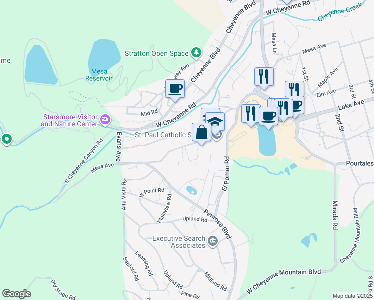 map of restaurants, bars, coffee shops, grocery stores, and more near 1660 Mesa Avenue in Colorado Springs