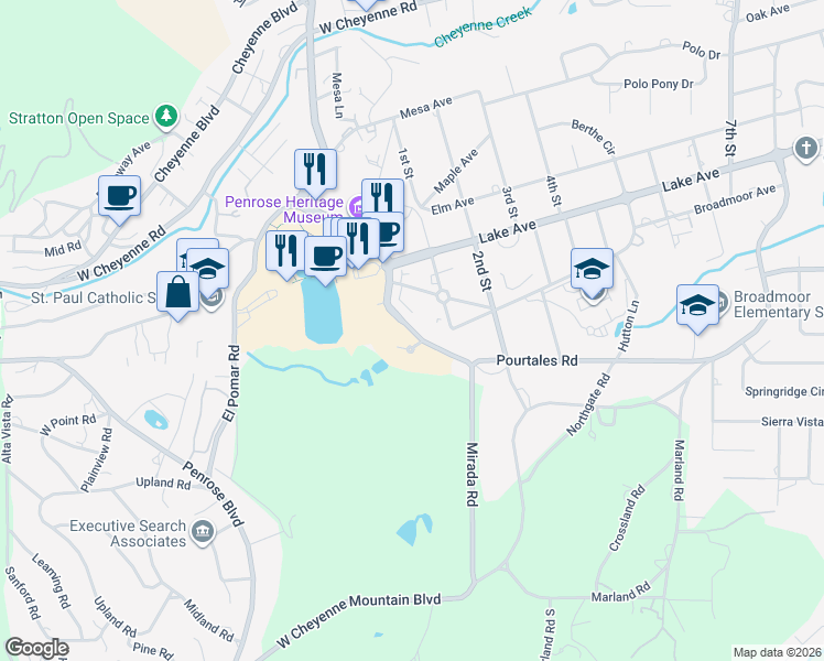 map of restaurants, bars, coffee shops, grocery stores, and more near 2940 Pourtales Road in Colorado Springs