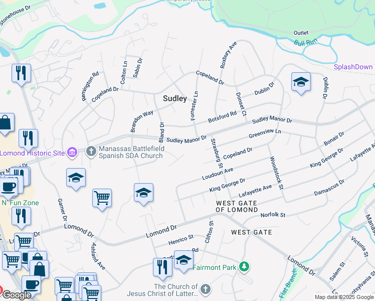 map of restaurants, bars, coffee shops, grocery stores, and more near 7700 Anderson Court in Manassas