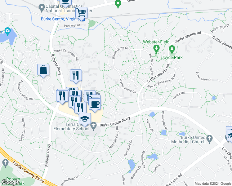 map of restaurants, bars, coffee shops, grocery stores, and more near 10125 Wood Green Way in Burke