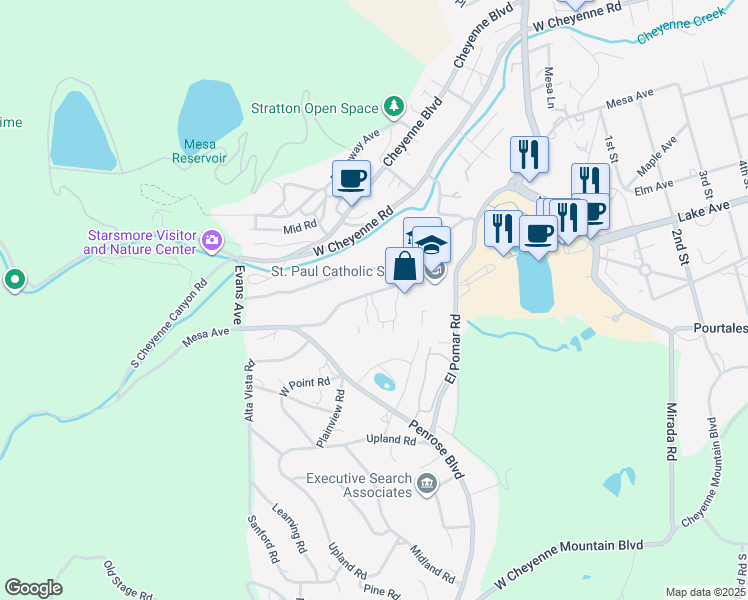 map of restaurants, bars, coffee shops, grocery stores, and more near 1661 Mesa Avenue in Colorado Springs