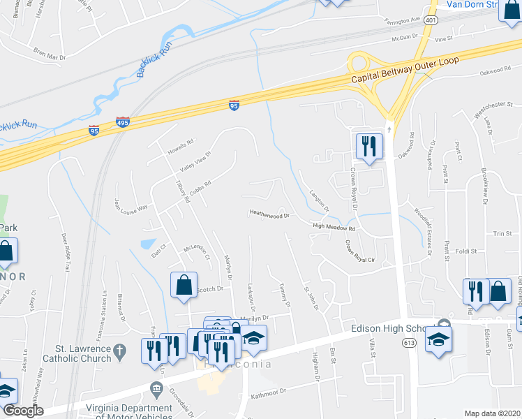 map of restaurants, bars, coffee shops, grocery stores, and more near 6064 Heatherwood Drive in Alexandria