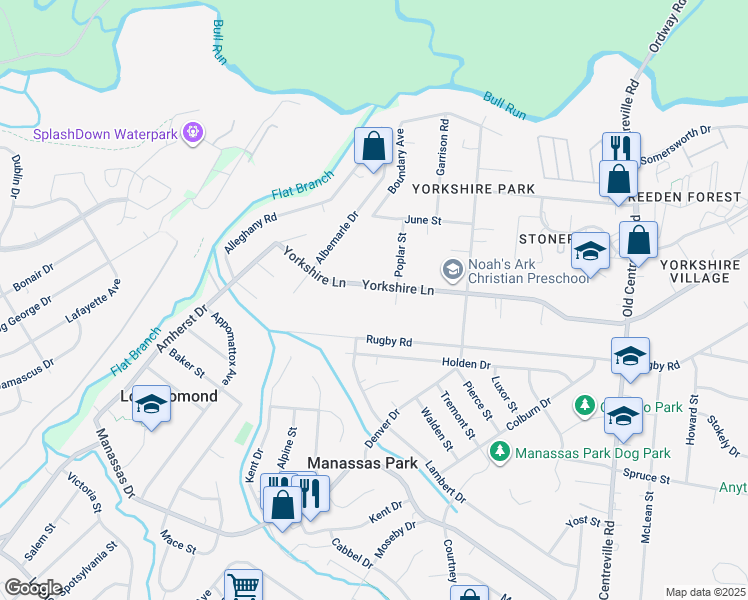 map of restaurants, bars, coffee shops, grocery stores, and more near 9005 Yorkshire Lane in Manassas