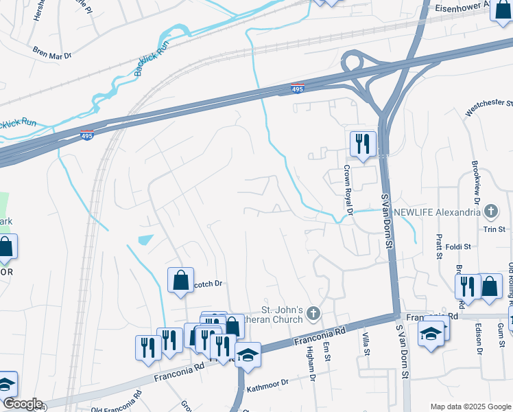 map of restaurants, bars, coffee shops, grocery stores, and more near 6064 Heatherwood Drive in Alexandria
