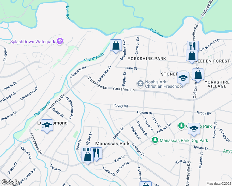 map of restaurants, bars, coffee shops, grocery stores, and more near 9005 Yorkshire Lane in Manassas