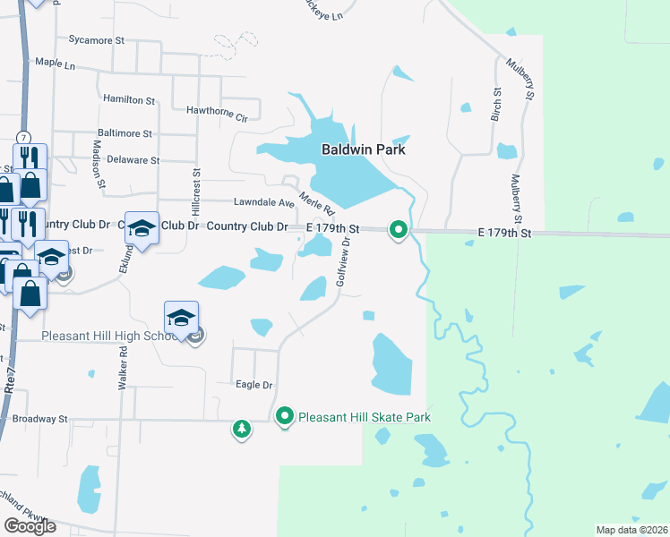 map of restaurants, bars, coffee shops, grocery stores, and more near 409 Golfview Drive in Pleasant Hill