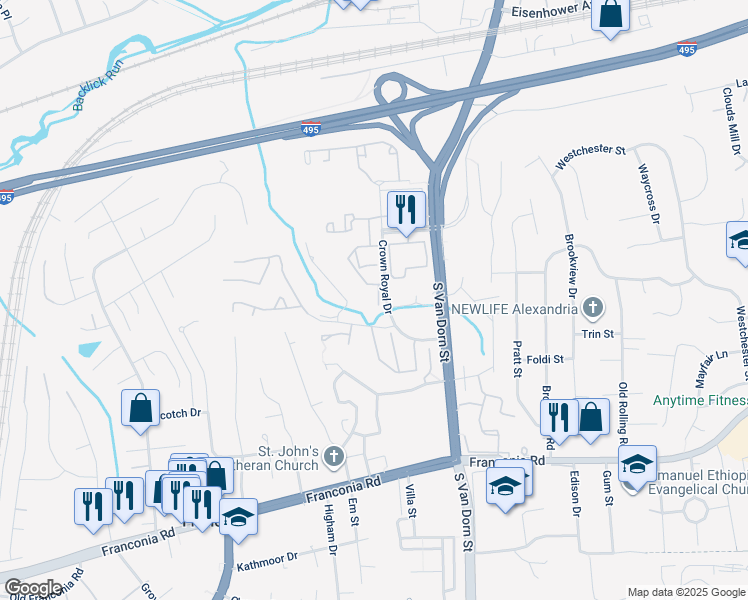 map of restaurants, bars, coffee shops, grocery stores, and more near 5990 Founders Hill Court in Alexandria