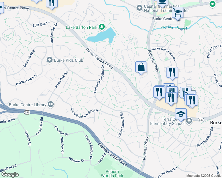 map of restaurants, bars, coffee shops, grocery stores, and more near 10578 Reed's Landing Circle in Burke