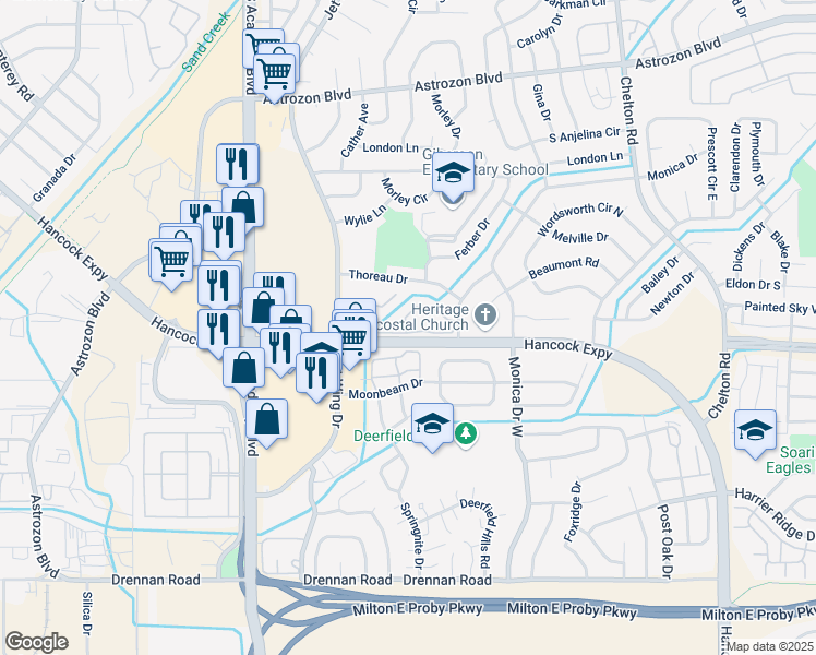 map of restaurants, bars, coffee shops, grocery stores, and more near 4203 Charleston Drive in Colorado Springs