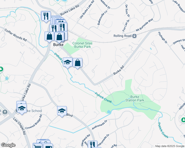 map of restaurants, bars, coffee shops, grocery stores, and more near 5950 Heritage Square Drive in Burke