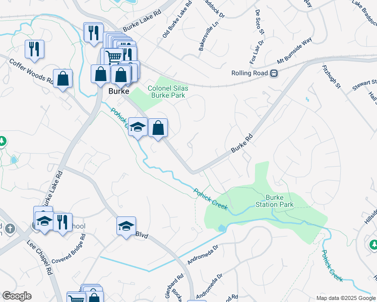 map of restaurants, bars, coffee shops, grocery stores, and more near 5950 Heritage Square Drive in Burke