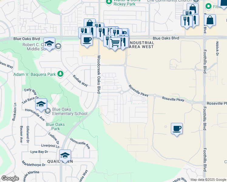 map of restaurants, bars, coffee shops, grocery stores, and more near 8830 Crimson Ridge Way in Roseville