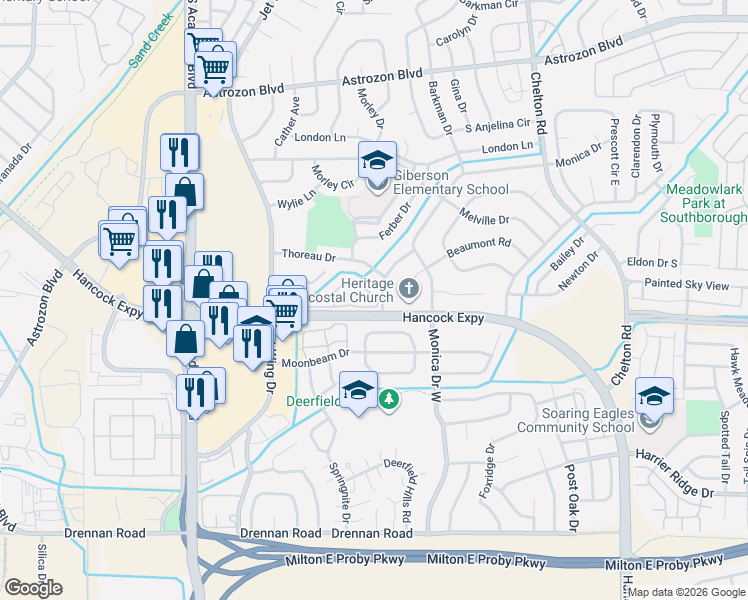 map of restaurants, bars, coffee shops, grocery stores, and more near 4002 Charleston Drive in Colorado Springs