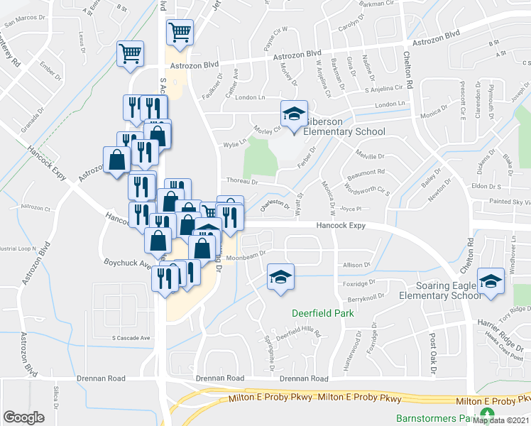map of restaurants, bars, coffee shops, grocery stores, and more near 4137 Charleston Drive in Colorado Springs
