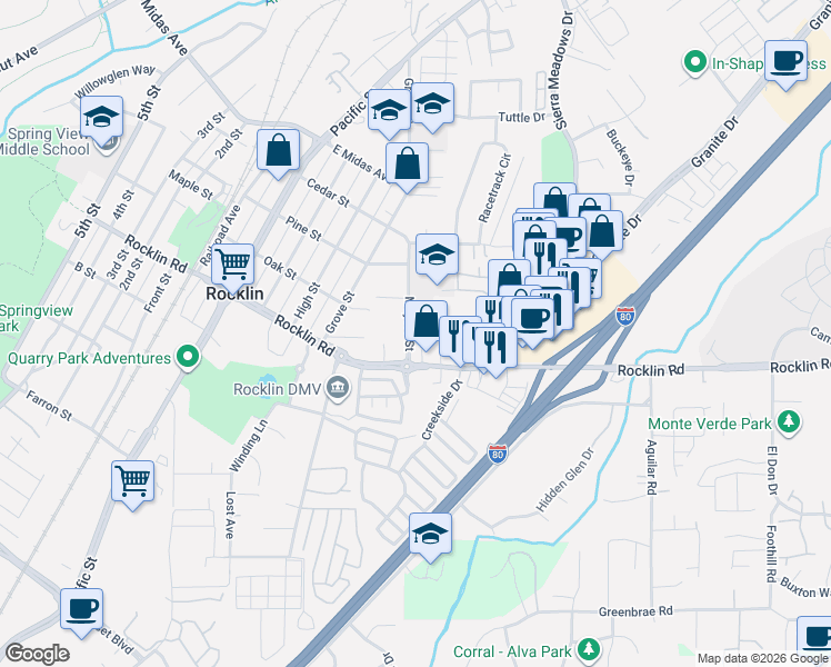 map of restaurants, bars, coffee shops, grocery stores, and more near 5105 Meyers Street in Rocklin