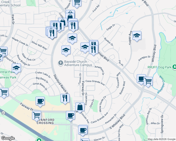 map of restaurants, bars, coffee shops, grocery stores, and more near 3607 Amethyst Drive in Rocklin