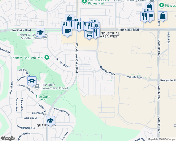 map of restaurants, bars, coffee shops, grocery stores, and more near 8830 Crimson Ridge Way in Roseville