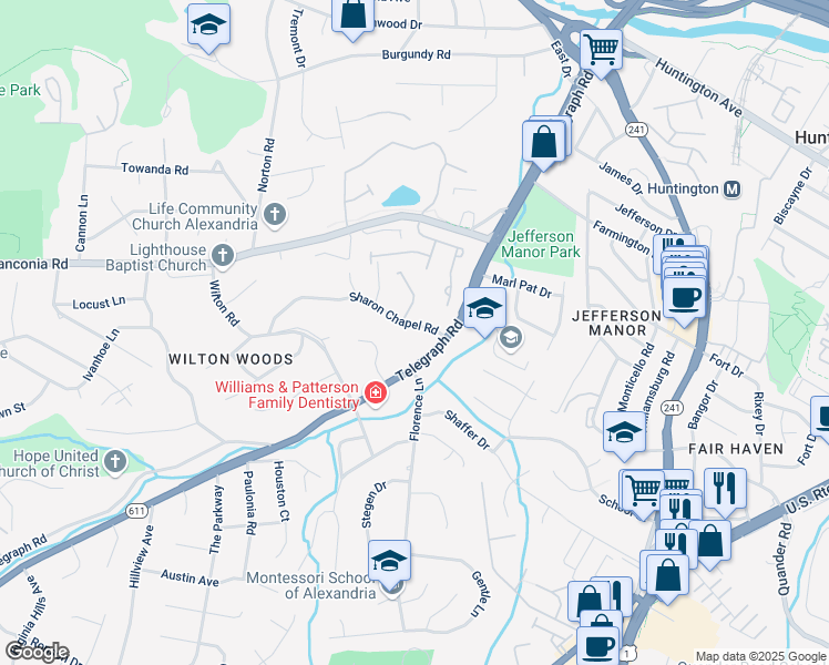 map of restaurants, bars, coffee shops, grocery stores, and more near 3301 Sharon Chapel Road in Alexandria