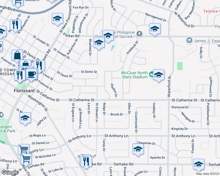 map of restaurants, bars, coffee shops, grocery stores, and more near 700 Jamaica Place in Florissant