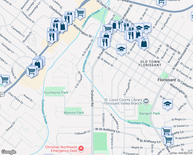 map of restaurants, bars, coffee shops, grocery stores, and more near 164 Graham Road in Florissant