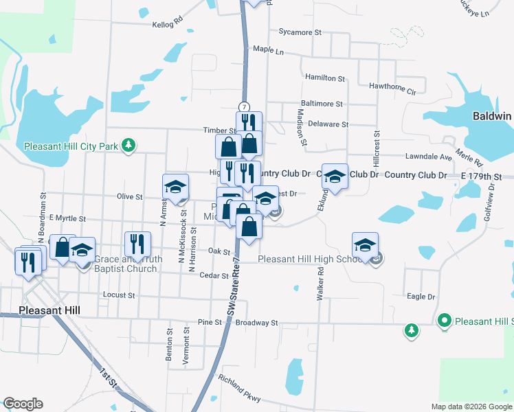 map of restaurants, bars, coffee shops, grocery stores, and more near 400 Missouri 7 in Pleasant Hill