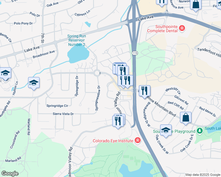 map of restaurants, bars, coffee shops, grocery stores, and more near 110 Shoreham Court in Colorado Springs