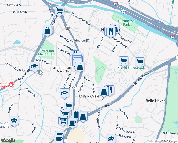 map of restaurants, bars, coffee shops, grocery stores, and more near Grand Pavilion Way in Alexandria